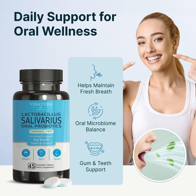 VINATURA Lactobacillus Salivarius Oral Probiotics - Mouth Bad Breath Treatment for Adults, Dental probiotics for Teeth and Gums, Throat, Ear, Nose - 45 Chewable Mint Tablets
