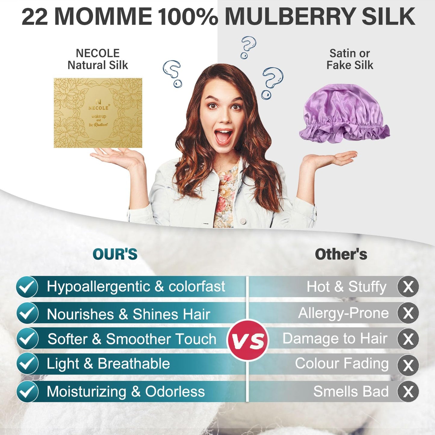 Necole Silk Bonnet for Women 100% Mulberry Silk Sleep Cap 22 Momme Double Layer Hair Wrap for Curly Short Long Hair, Non-Slip Turban with Elastic Tie, Blue
