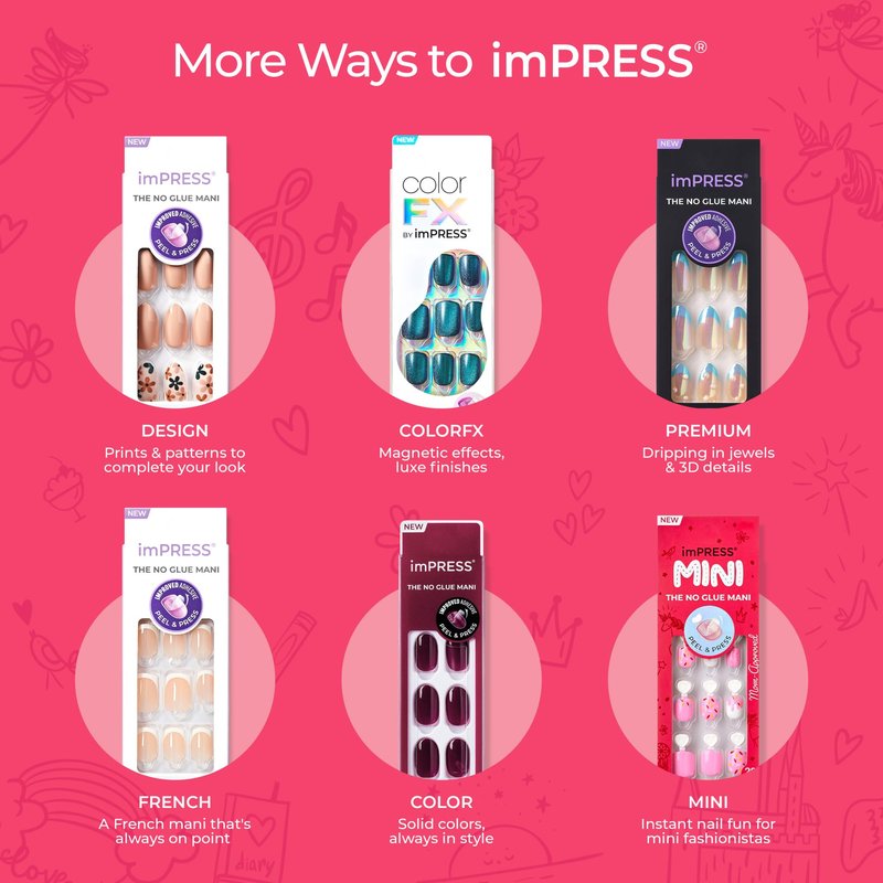 Kiss Impress No Glue Mani Press On Nails, 'Nail Artist Kit', Pink, Kids Size, Squoval Shape, Includes 26 Nails, 4 Sticker Sheets, 1 Mini File