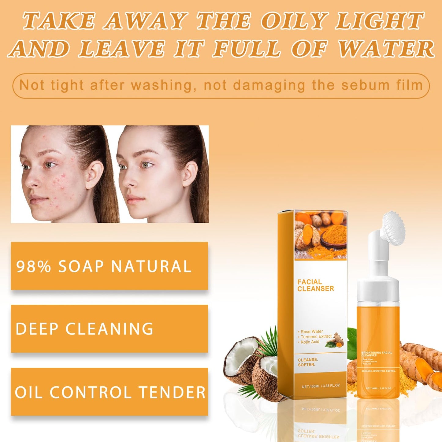 4Pcs Turmeric Wash and Care Three Piece Set,Turmeric Trio: Facial Wash,Cleansing Mousse & Soap for Skin Care,Turmeric Cleansing Exfoliating Pads,Turmeric Face Wash for Face & Body