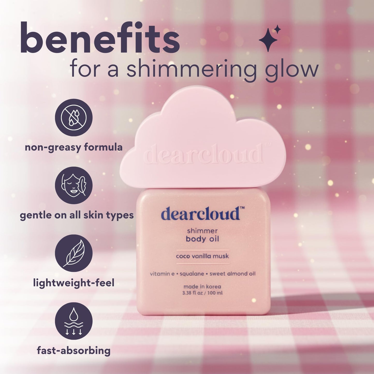 dearcloud Shimmer Body Oil - Coco Vanilla Musk - Hydrating & Nourishing Body Oil (3.38 fl oz)