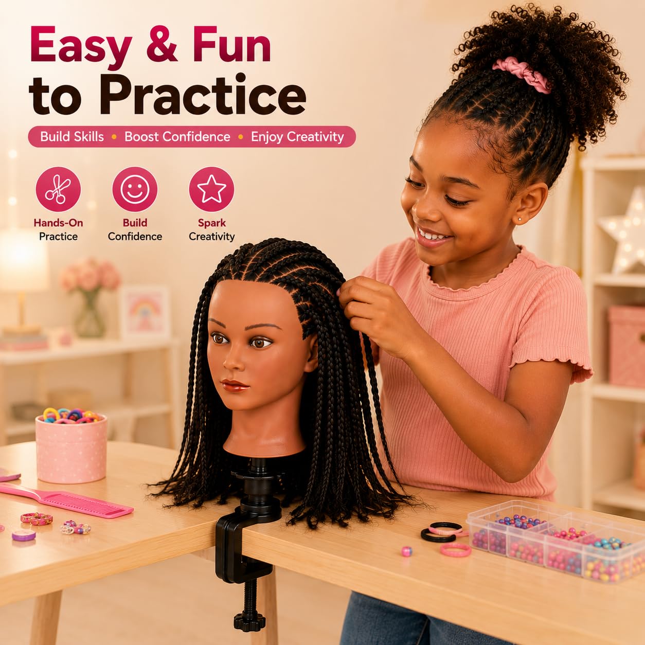 Morris Mannequin Head 100% Human Hair Training Head Kinky Curly Hair Hairdresser Manikin Head Cosmetology Doll Head for Hairdresser Practice Styling Braiding with Clamp Stand (16Inch)