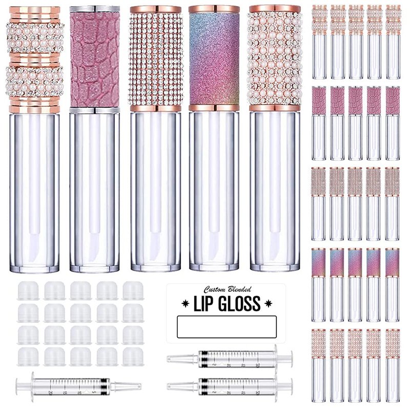 AMORIX 25 Pack Diamond Lip Gloss Tubes - 5ml Rhinestone Containers | Includes Syringes & Labels for DIY Kits