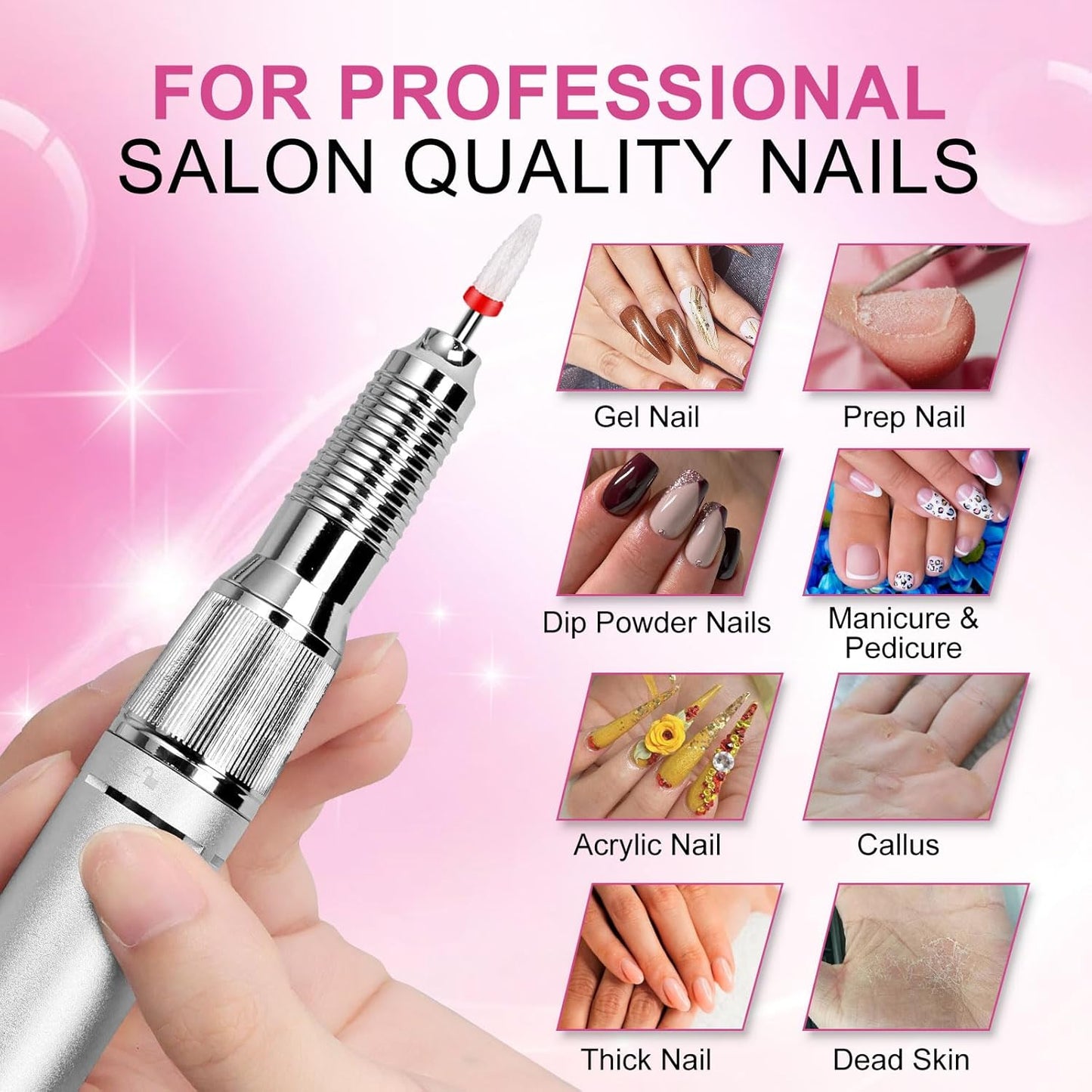 Electric Nail Drill - Professional 35000RPM Pink Nail File with Rechargeable Base & Bits | Essential for Acrylic Nails & Salon Use