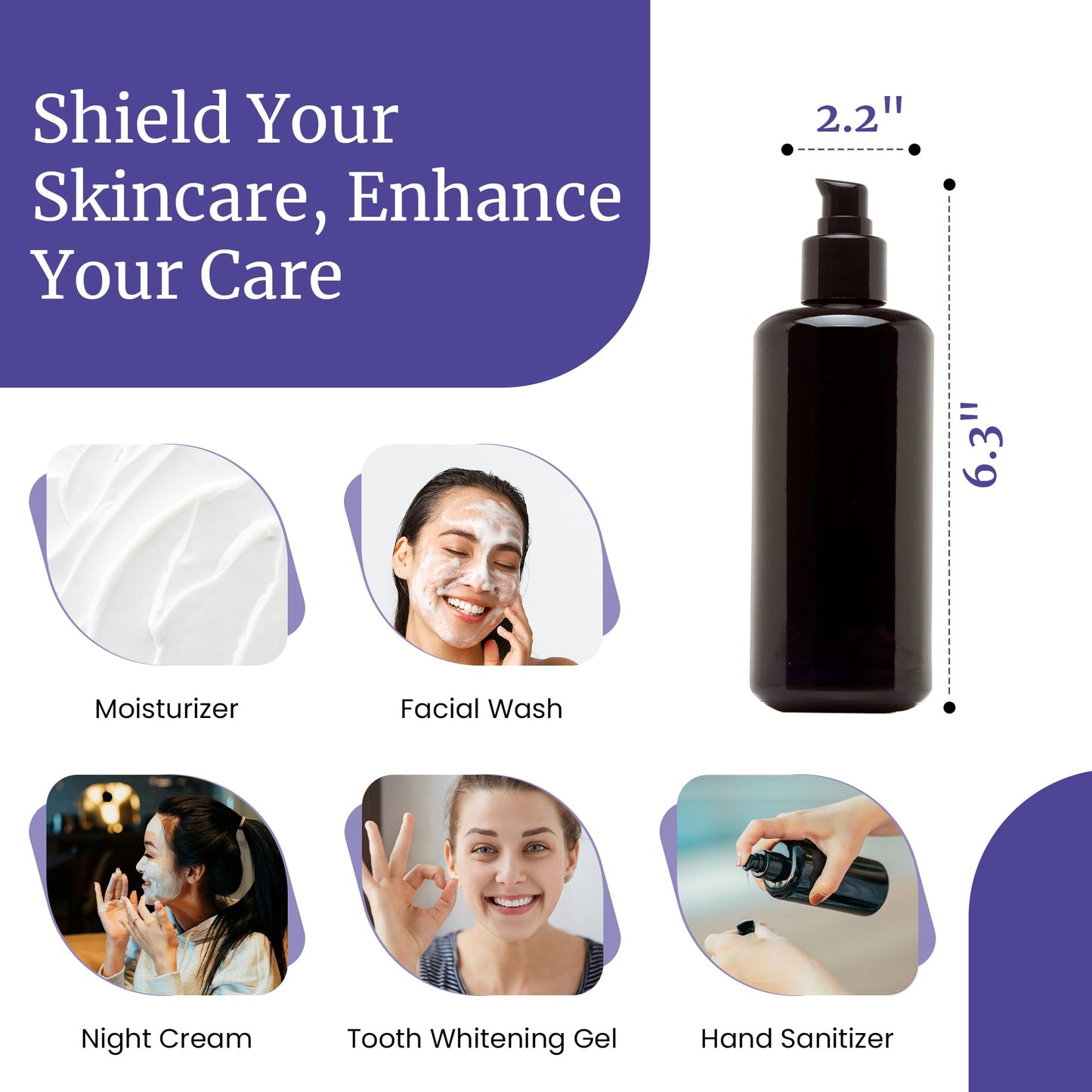 Infinity Jars Ultraviolet Glass Push Pump Bottle 200 Ml (6.8 fl oz) Refillable Containers for Lotion Homemade Cosmetics Make-up Skin Care Cream, Lotion, Shampoo, Conditioner Dispenser Bottles
