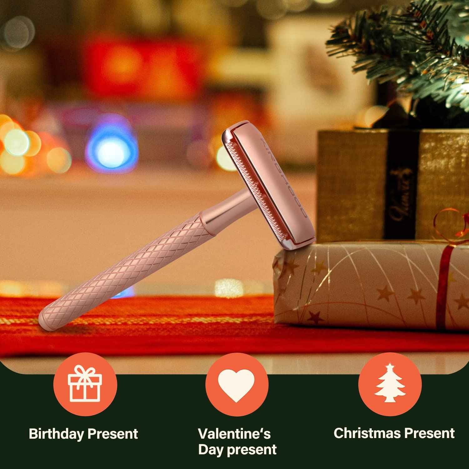 KINGHOOD Safety Razor for Men and Women - Double Edge Razor With 10 Reusable Blades (Rose Gold)