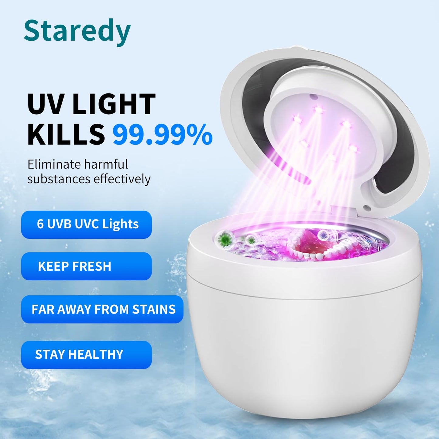 Staredy Ultrasonic Retainer Cleaner for Dentures,Oral Dental, 6 UV Lights-4 Mode-200ML Denture Cleaner Machine for Aligner,Braces, Jewelry with Mouth Guard Cleaner-Touchscreen (white)