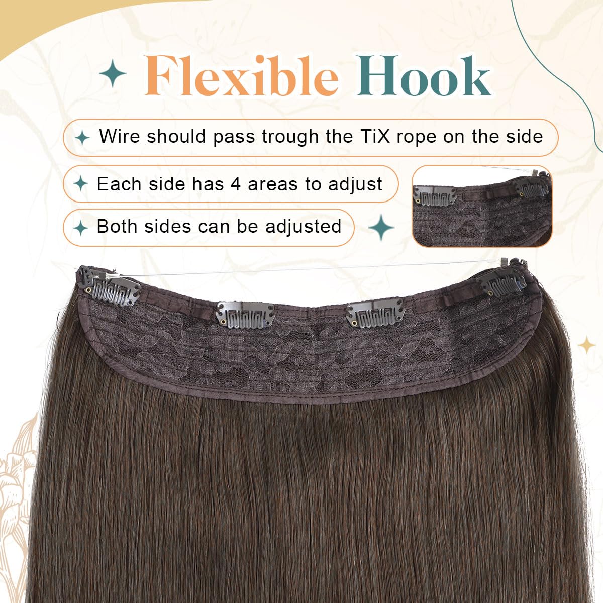 Sindra Wire Hair Extensions Real Human Hair, 4 Medium Brown Invisible Wire Hair Extensions, 14inch 70g Transparent Seamless Fish Line Hairpiece for Women