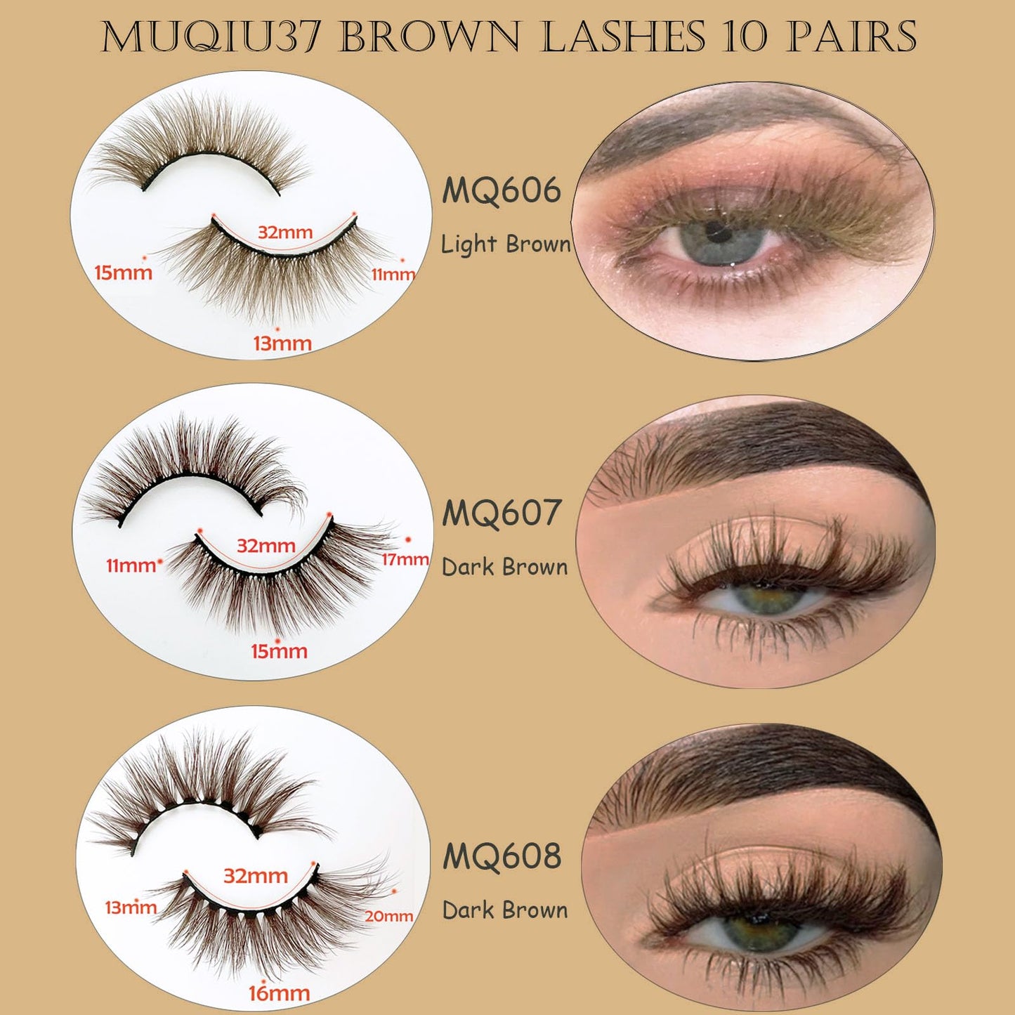 Brown Eyelashes Fairy Lashes Cat Eye Wispy False Lashes Mink Fluffy Dramatic Dark Brown Strip Lashes Fox Eye Long Volume Fake Eyelashes 10 Pairs (MQ608)