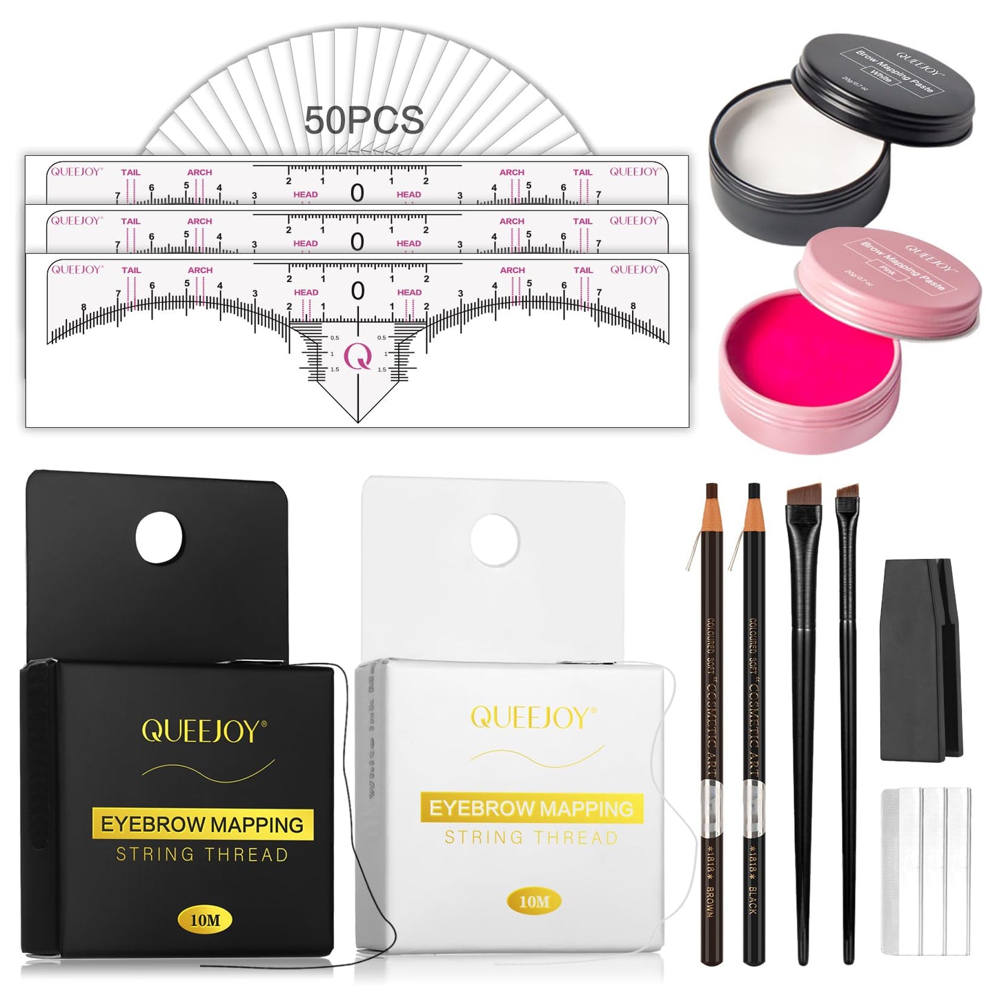 QUEEJOY Eyebrow Mapping Kit with 10M X2 Colors Brow Mapping String,50pcs Ruler Stencils, 20g White and Pink Brow Paste, 2 Brow Brushes Set, Eyebrow Mapping Pencil,Sharpener, Razor and Instructions