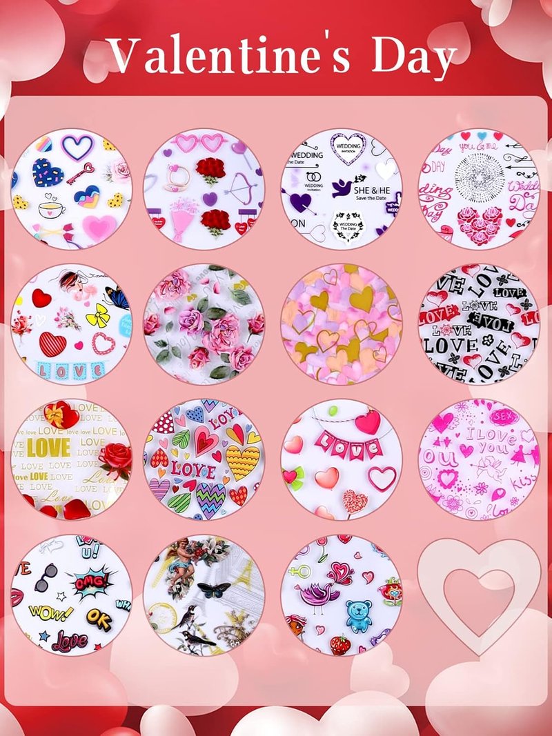 Colorful Nail Foil Decals - 30 Rolls of Valentine's Day Transfer Stickers | Heart, Flower & Lips Designs for DIY Nail Art
