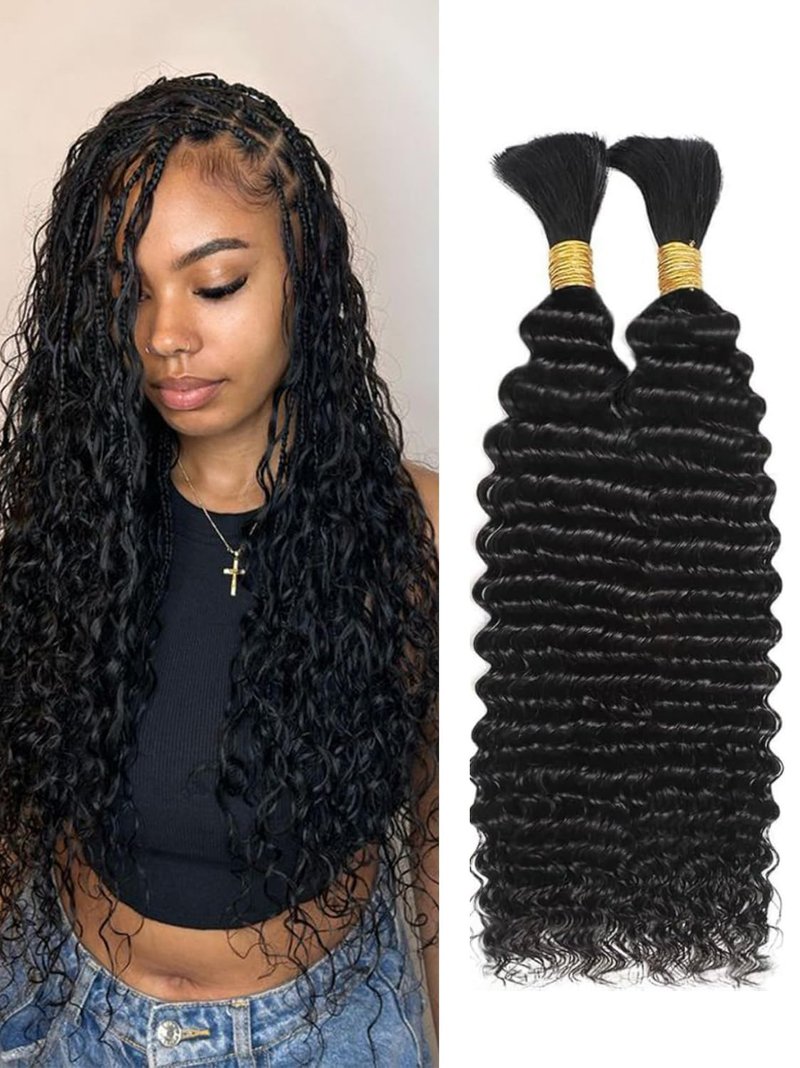 KRN Human Braiding Hair for Boho Braids, 100g/Pack (2 Bundles) Deep Wave Curly Bulk for Boho Braids No Weft 12A Grade Brazilian Virgin Hair Natural Color 16 Inch
