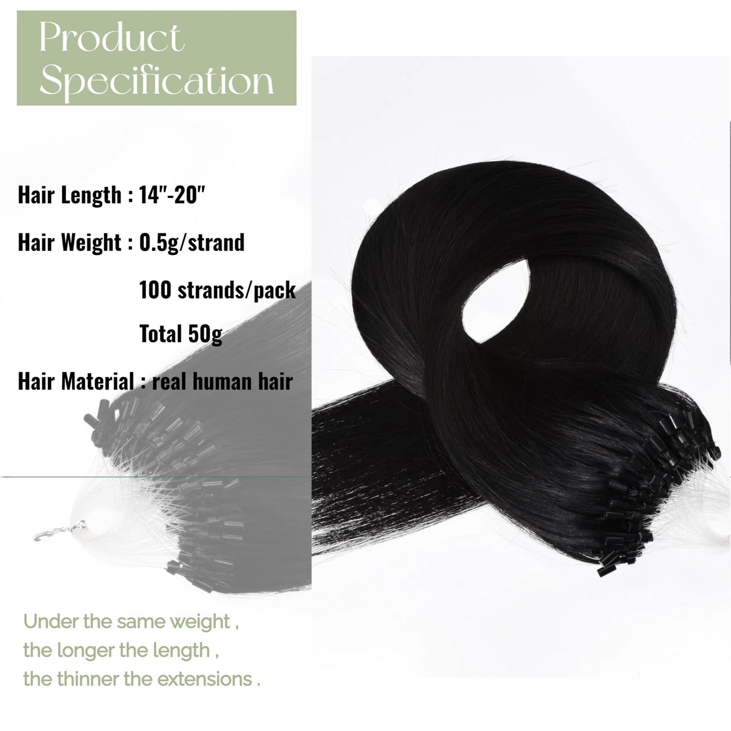 Microlink Hair Extensions Human Hair Jet Black Micro Loop Human Hair Extensions 16 Inch #1 Microbead Hair Extension for Women 100s, 50g Bead Hair Extension