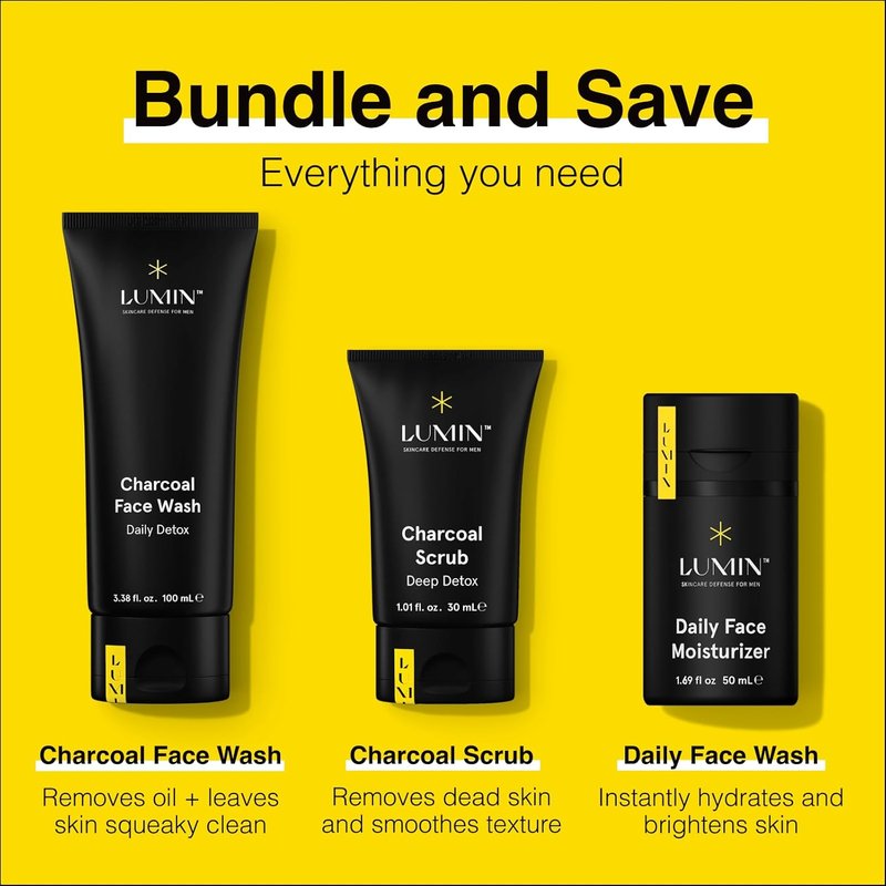 Lumin Men's Skincare Kit - Smooth Operator Detox Set with Charcoal Face Wash, Scrub & Moisturizer | Two Month Supply