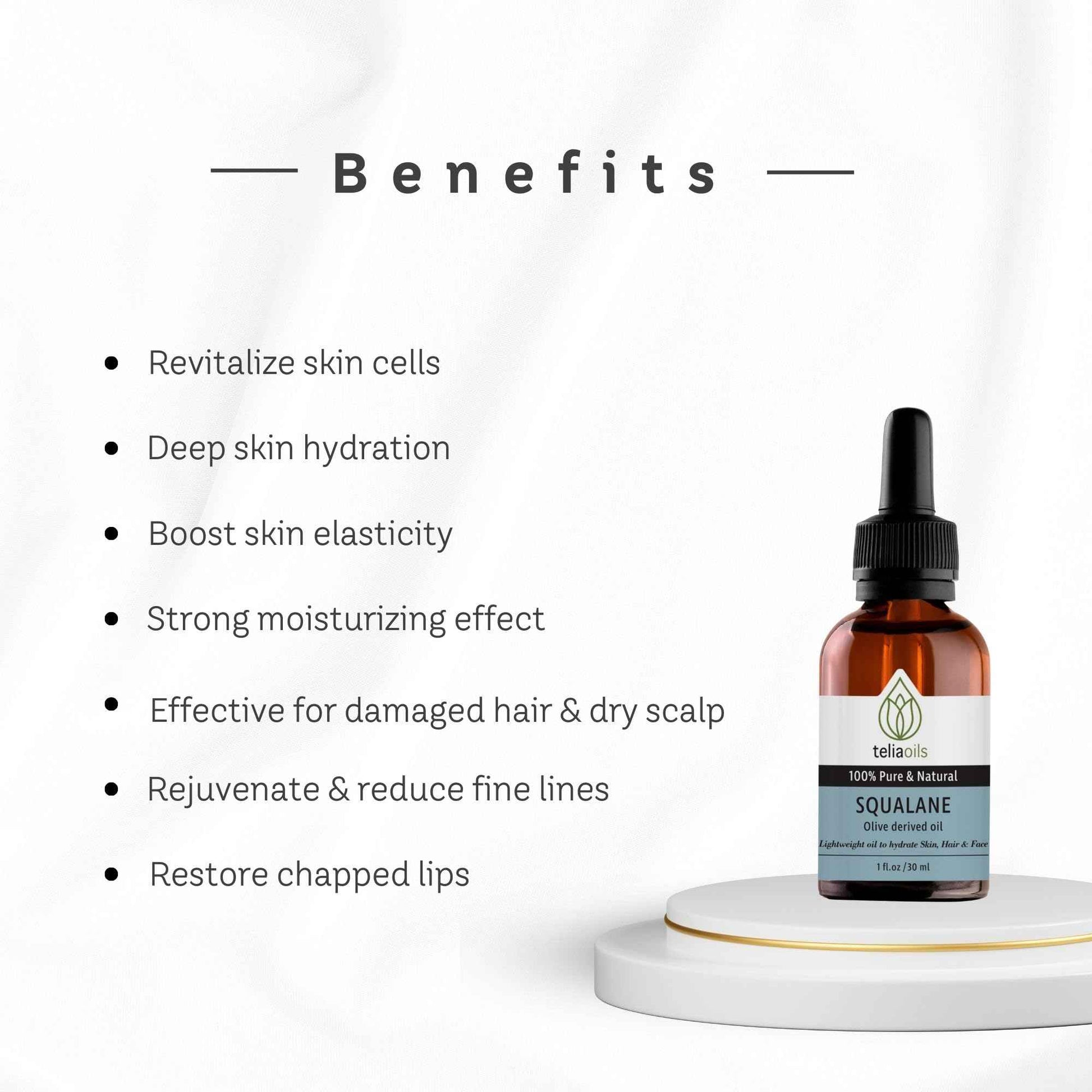 Teliaoils Squalane Oil for face – 100% Plant-Based Oil from Olives – Natural Moisturizer for Face, Skin, and Hair – Improves Skin Elasticity – Lightweight & Fast Absorbing Hydration – 1oz