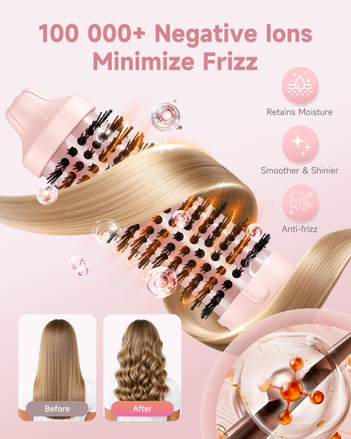 Thermal Brush, FLYZEMAA 1.5 Inch Heated Round Brush for Long Dry Hair, Heated Brushes Straightener with 3 Temp Settings, Blowout Brushes for Curling & Volumizing, Anti-Scald Nylon Bristles(Pink)
