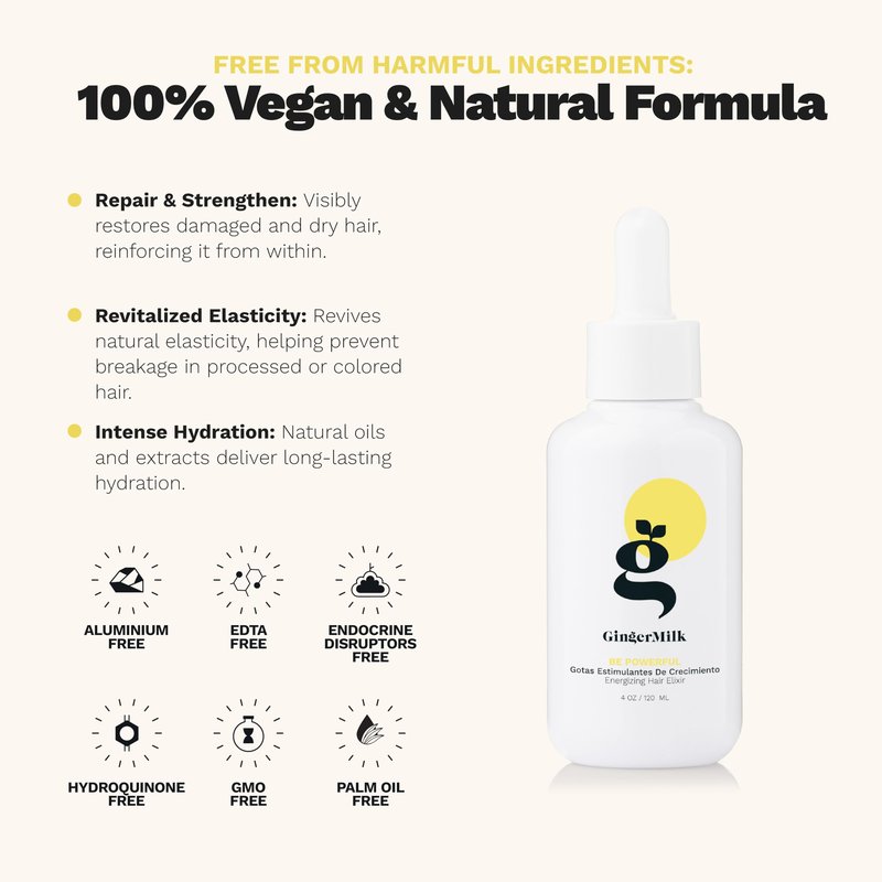 Ginger Milk Natural Care Ginger Root Extract | Hair Growth Serum & Growth Stimulating Hair Drops for Hair Loss Control | Vegan Energizing Hair Elixir with Rosemary & Biotin | Be Powerful (4 fl oz)