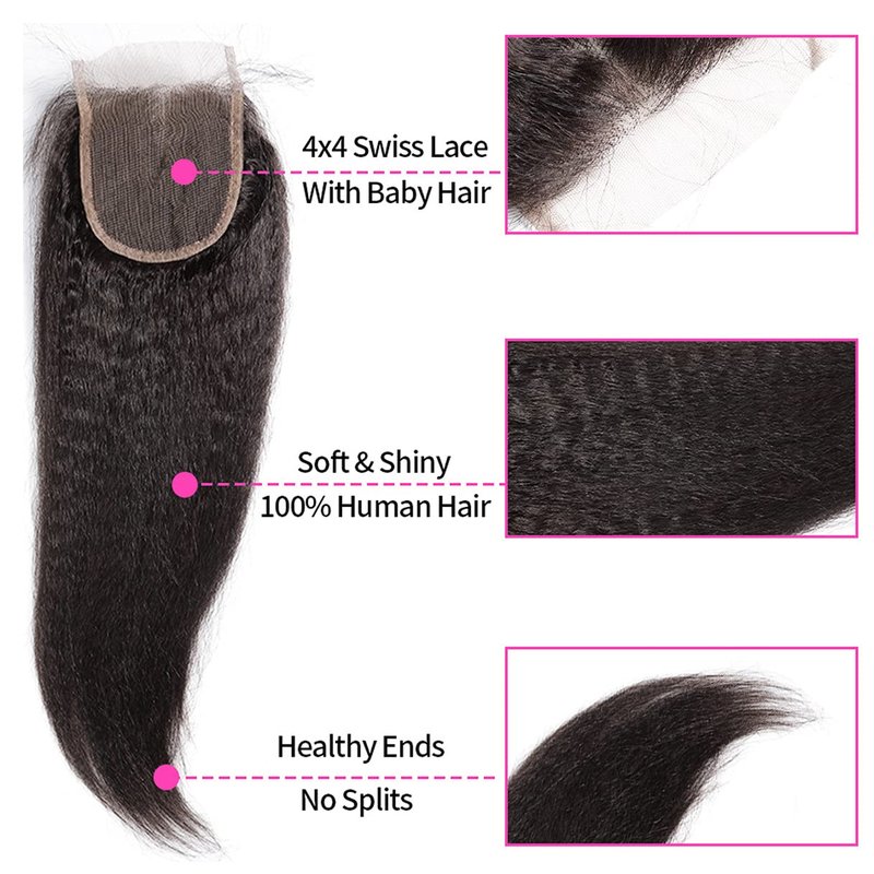 Brazilian Kinky Straight 4x4 Lace Closure 100% Unprocessed Human Virgin Hair Pre Plucked Coarse Italy Yaki Pre-Plucked Hairline Closure Natural Black With Baby Hair (14inch, kinky straight closure)