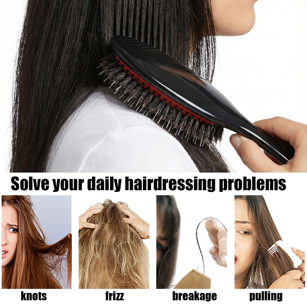 Morsafe Boar Bristle Hair Brush for Women Men Painless Detangling Paddle Brush for Curly Fine Tangled Hair, Anti-frizz Boar Nylon Bristle Cushioned Brush, Includes Cleaning Tool
