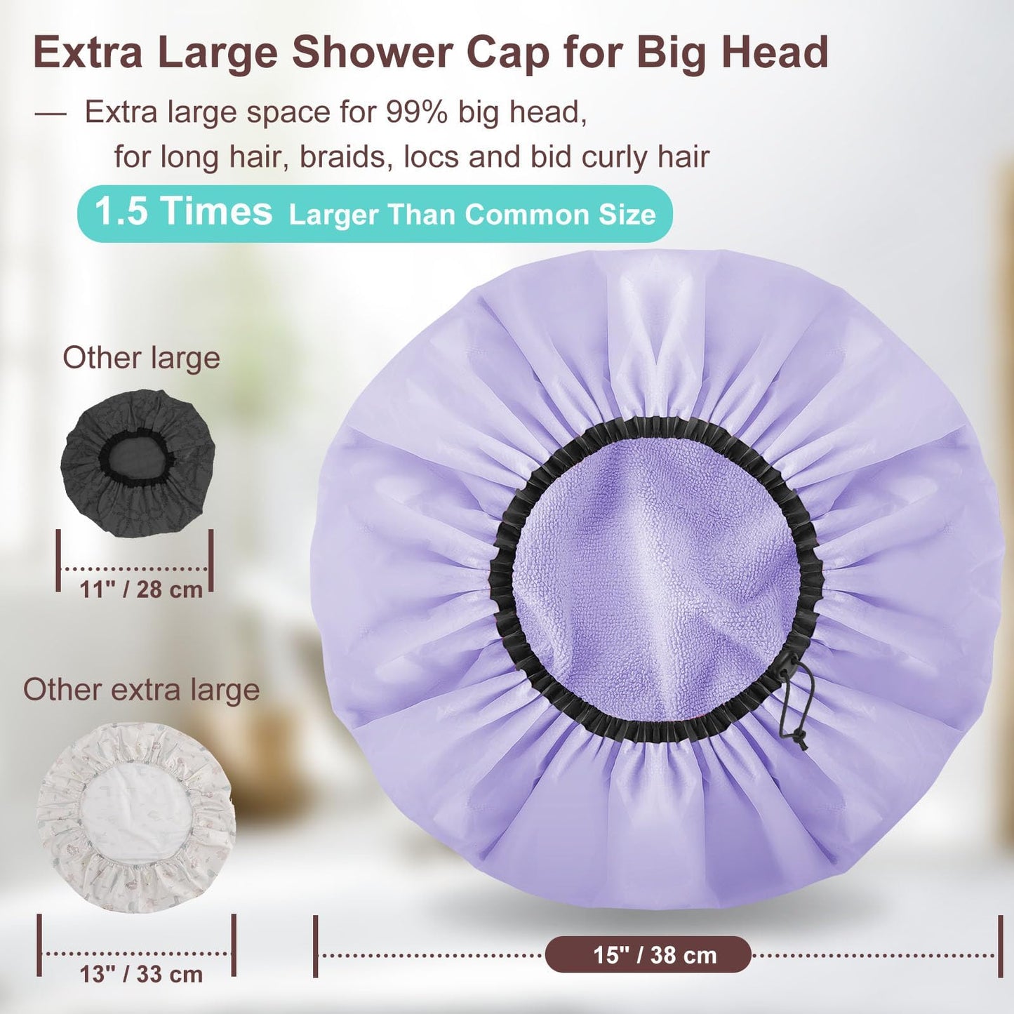 Sheomern 2 Pcs 15" XL Extra Large Terry Lined Shower Cap, Adjustable Dual Waterproof Shower Cap for Women Reusable Soft Hair Cap Bath Cap for Long Braids, Thick Hair, Locs, Curly Hair