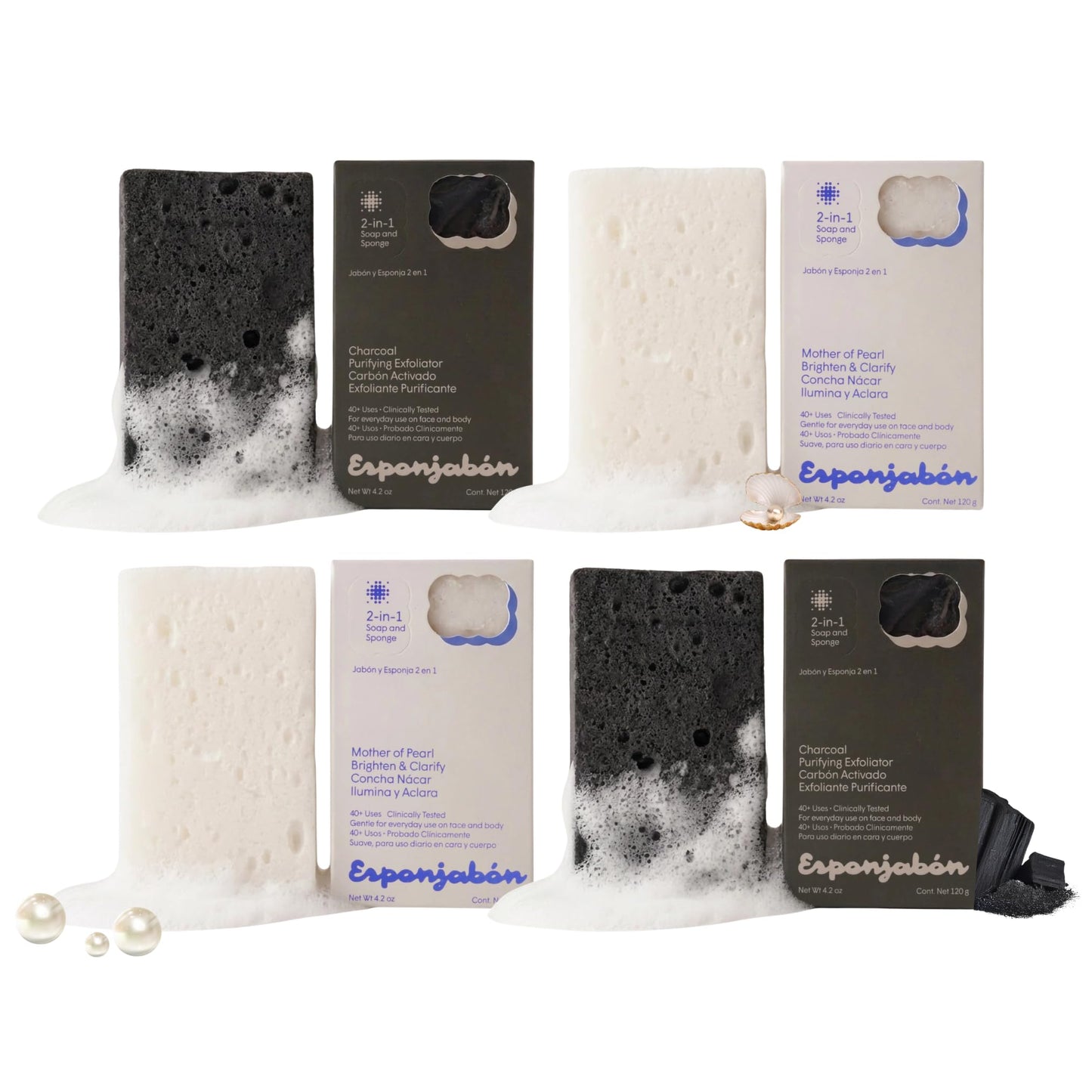 T.Taio Esponjabon Mother of Pearl and Charcoal Soap Sponges — Shower Scrubbers that Remove Oil and Dirt — Sponges to Scrub Foot, Elbow and Face — Bathroom Accessories — Fresh Scent (4-Pack)