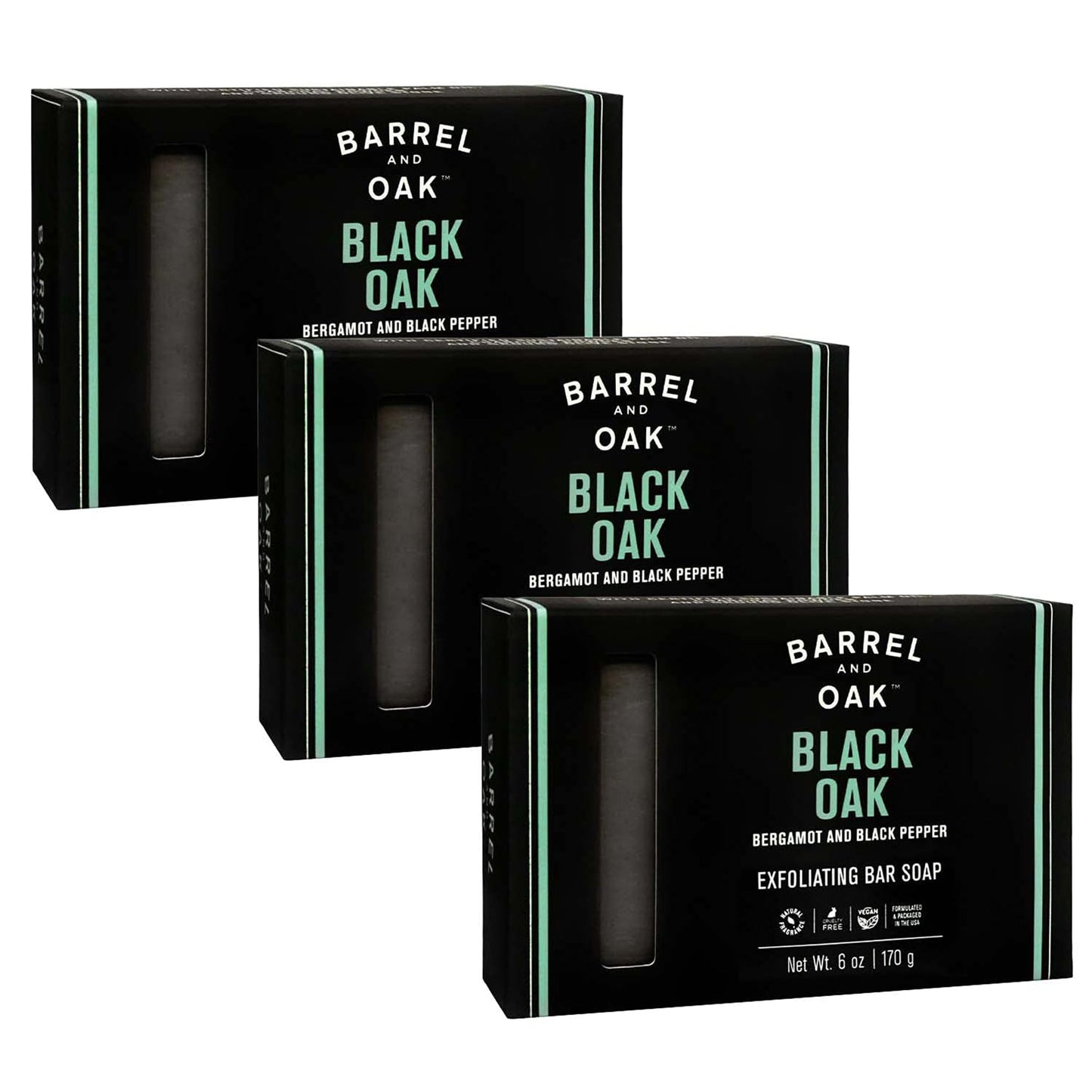 Barrel & Oak Exfoliating Bar Soap for Men, Kaolin Clay with Charcoal, Walnut Shell Powder, Olive Stone, and Essential Oils, Long-Lasting Bar Soap, Vegan, SLS-Free, Black Oak, 3-Pack