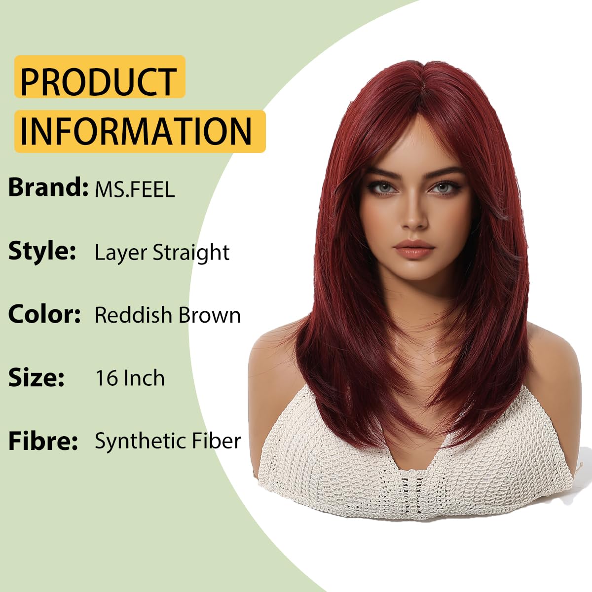 MS.FEEL Black Mixed Brown Wigs For Women Medium Length Layered Straight Wig Middle Part Glueless Synthetic Wigs for Daily Party Use 16 Inch