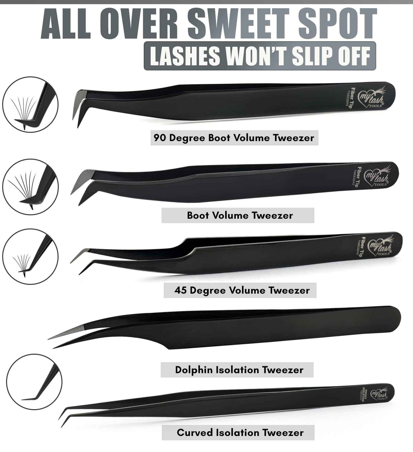 My Lash Tools Fiber Tip Lash Tweezers for Lash Extensions Precision Boot Volume Eyelash Extensions Tweezers Japanese Steel Curved Isolation Tweezer Set Fiber grip tweezers pinzas para (5pcs, Black)