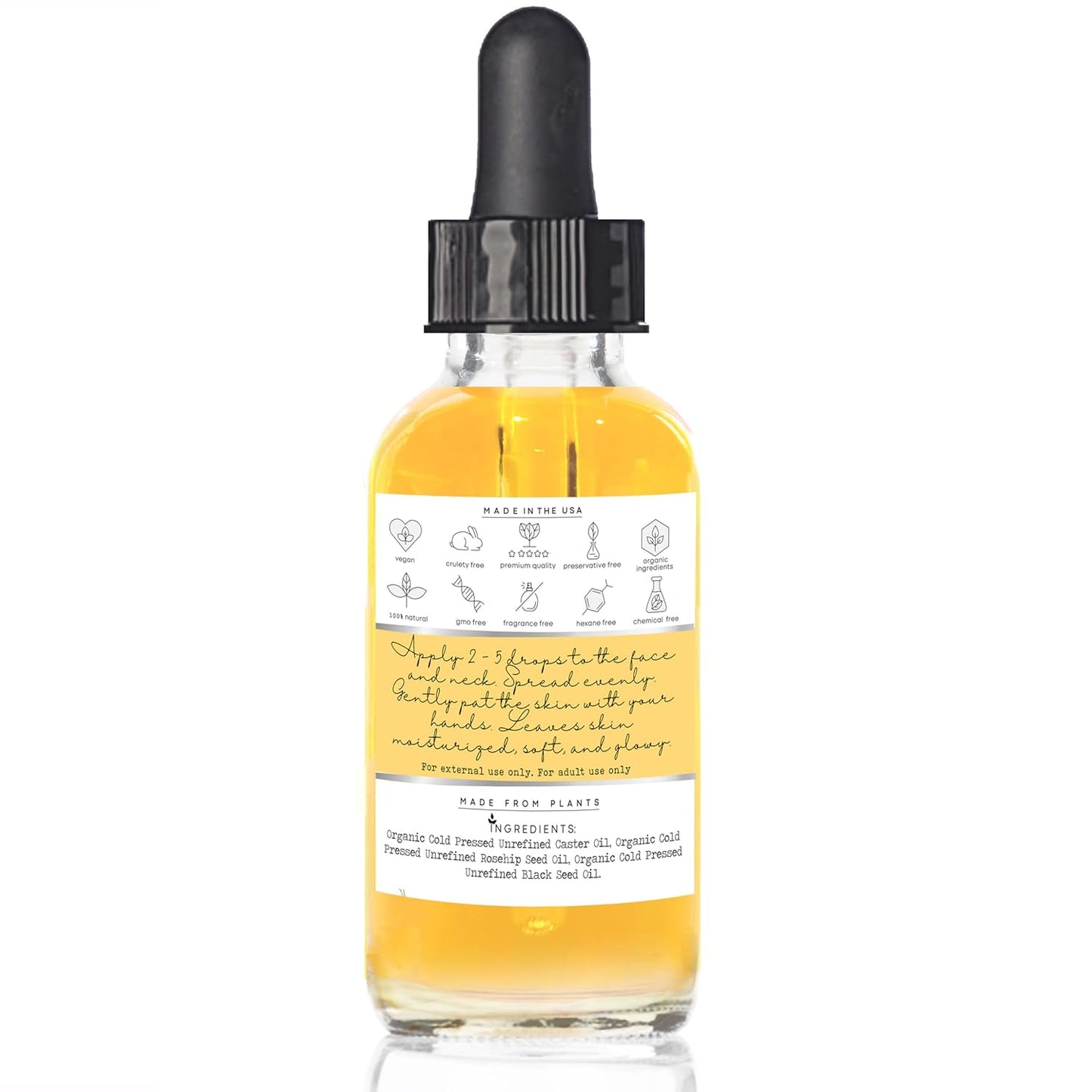 Organic Cold Pressed Face Oil - Black Seed, Rosehip & Castor Oil | Anti-Aging Hydrating Serum for Dry Skin (2 FL OZ)