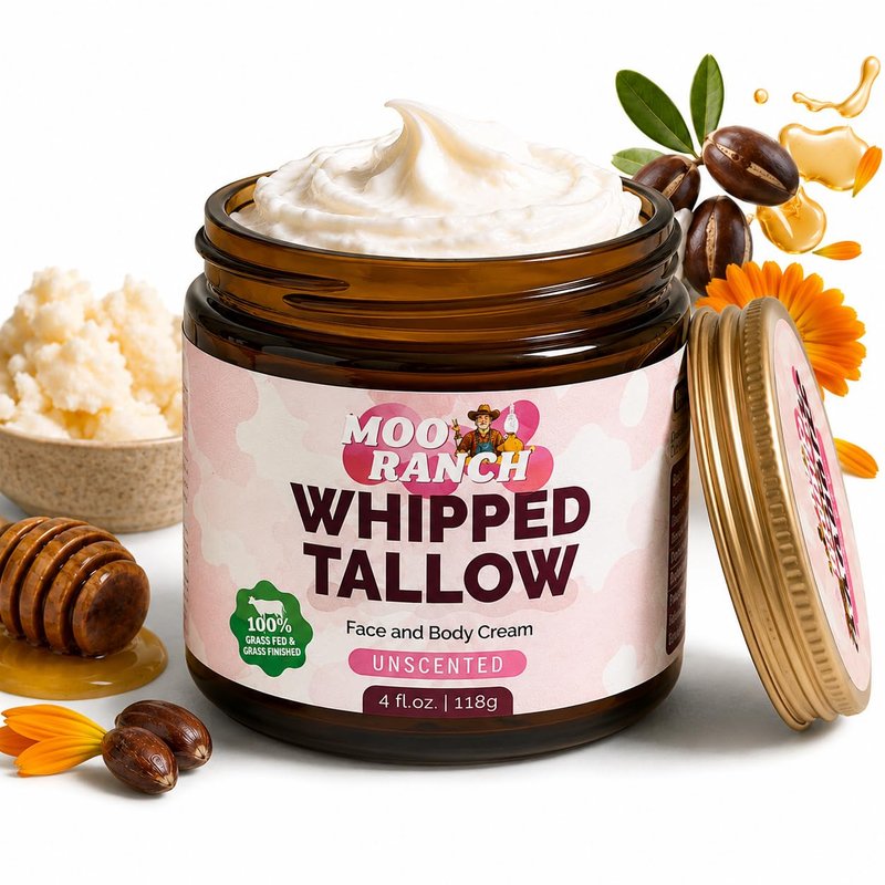 Moo Ranch Whipped Beef Tallow for Skin – Grass-Fed Tallow Balm Moisturizer with Jojoba Oil, Manuka Honey & Calendula – For Face, Lips, Hands & Body – For Dry or Sensitive Skin.