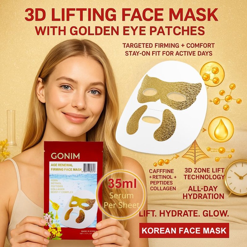 GONIM Korean Face Mask with Integrated Eye Patches with PDRN, Caffeine, Retinol, Collagen Face Mask, Hydrating Face Masks, Hyaluronic Acid Serum Sheet Mask Korean Skin Care Anti Aging 35ml/1.18ozx4