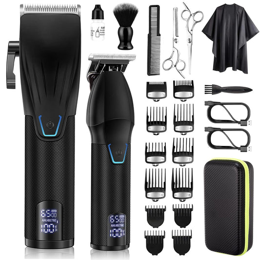 Karrte Professional Hair Clippers and Trimmer Set for Men, T-Shaper Trimmer & Foil Shaver, Nose & Ear Hair Trimmer, Cordless Clippers and Grooming Set, Hair Cutting Kit with LED Display Silver