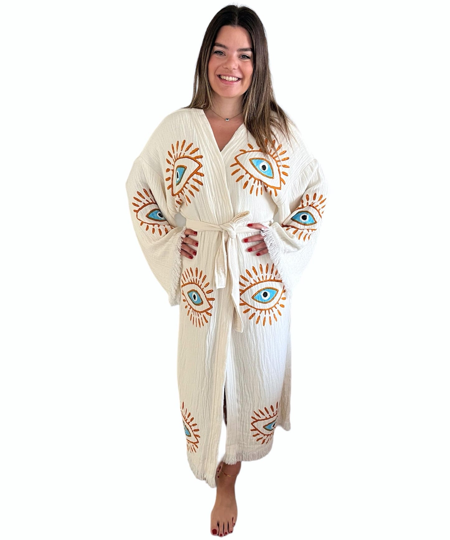 Handmade Evil Eye Kimono - Women Beach Cover Up - Festival Bohemian Robe - Boho Cotton Cardigan - Dressing Gown (Gold Eyes)