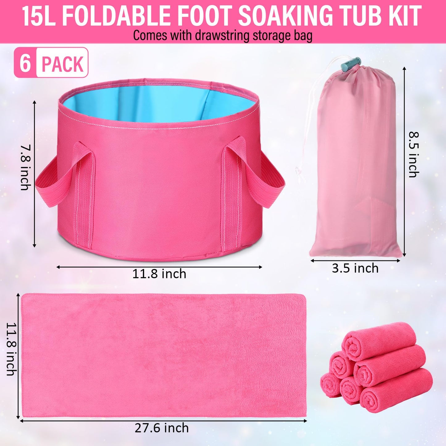 FillTouch 12 Pcs 15L Foldable Foot Soaking Tub Kit Portable Foot Bath Tub Foldable Foot Basin Bath Foot Tub for Soaking Feet with Towel and Storage Bag Soak Spa Bucket for Travel Camping(Rose Red)