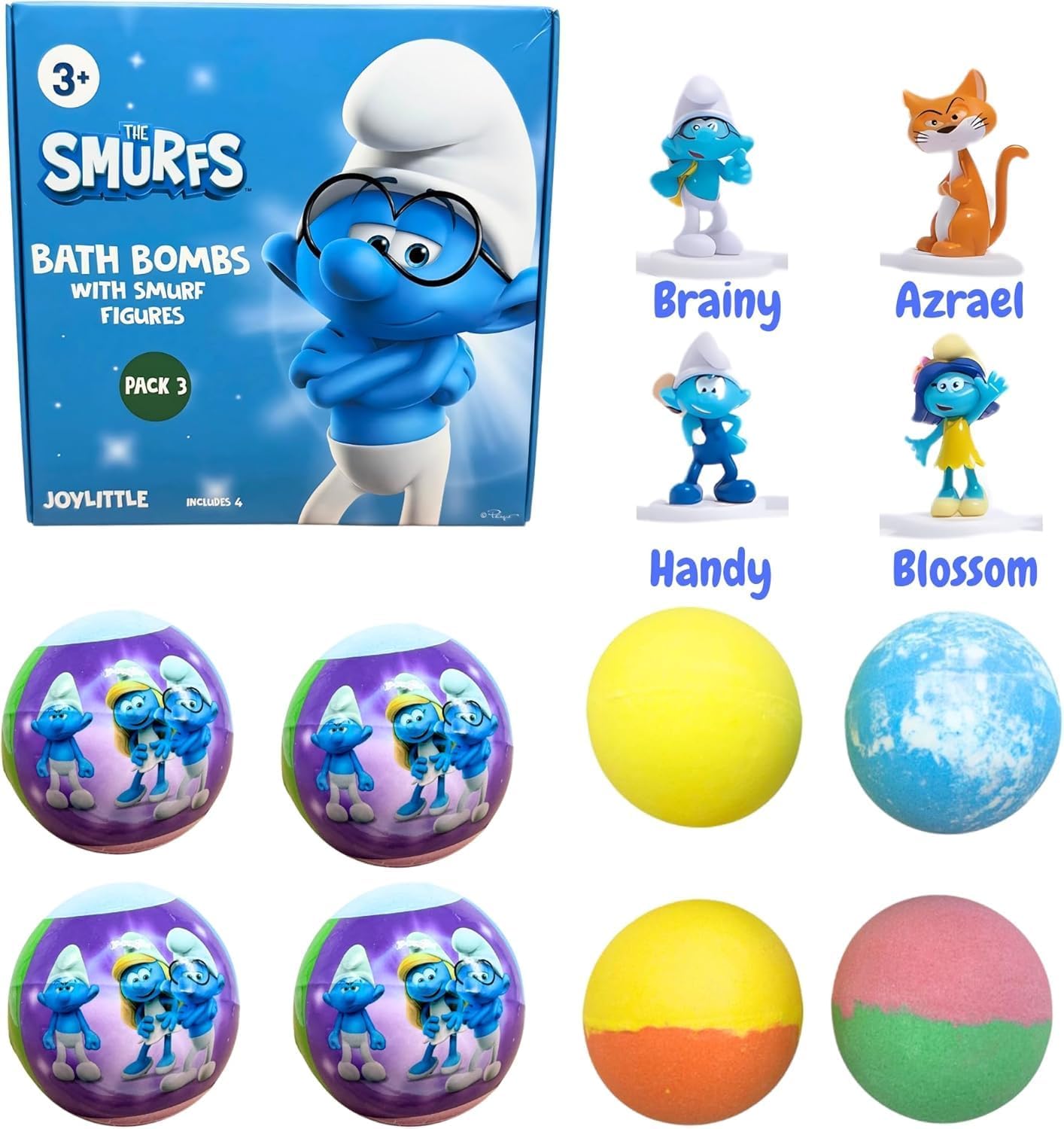 Smurfs Bath Bombs with Action Figures - Brainy, Handy, Blossom & Azrael | Fun Gift Set (Pack of 3)