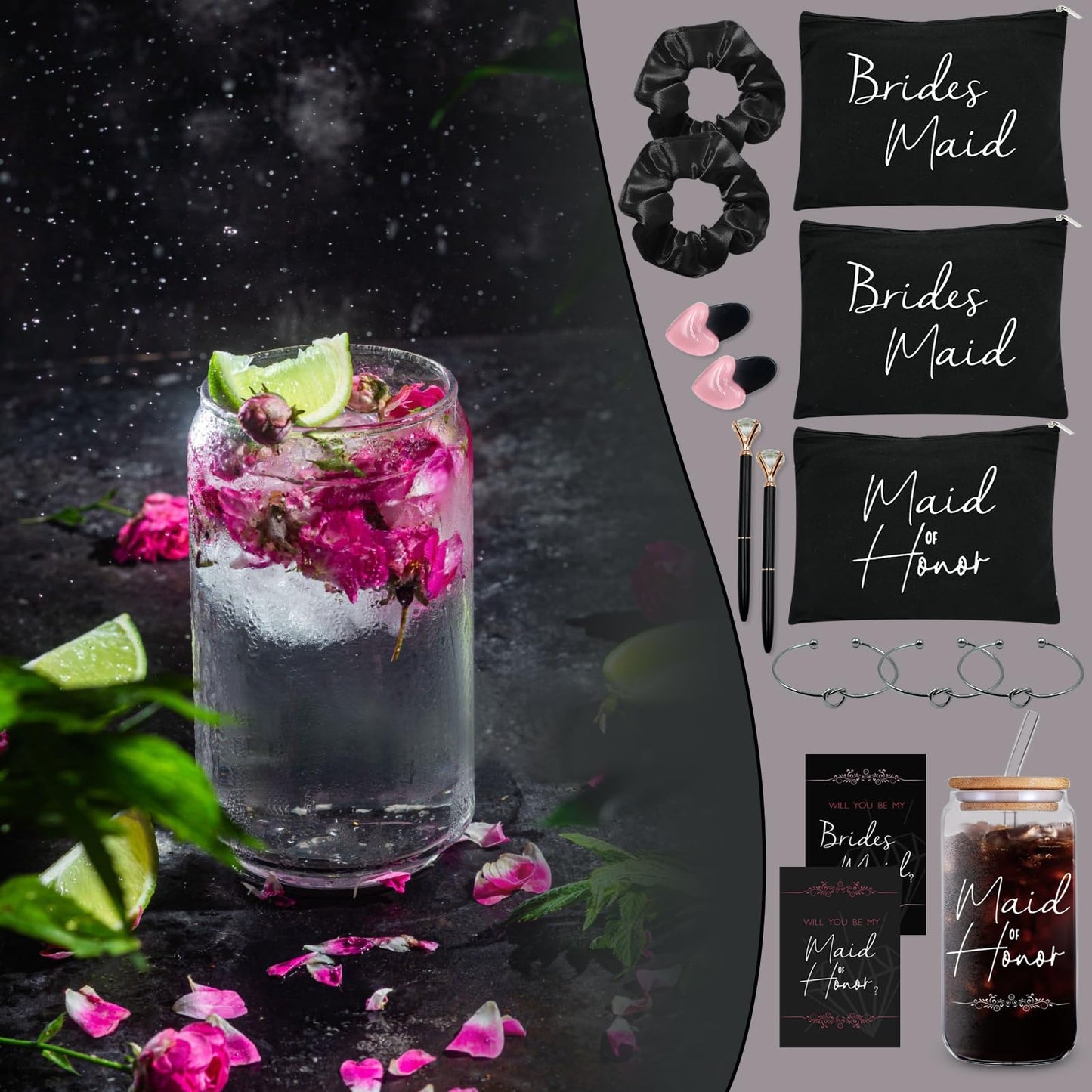 KIKINIKO 56 pcs Bridesmaid Gift Set, Pink: 16oz Glass Cups, Makeup Bags, Invitation Cards, Scrunchies, Hair Bracelets, Diamond Pens, Love Clips - Perfect for Bridesmaids or Special Occasions