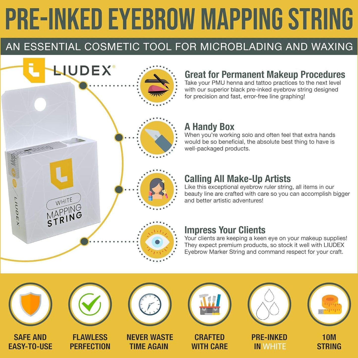 LIUDEX - Pre-Inked White Ink - Eyebrow Mapping String – an Essential Cosmetic Tool for Microblading and Waxing; Effective and Easy-to-Use White Ink Eyebrow Thread Brow Marker