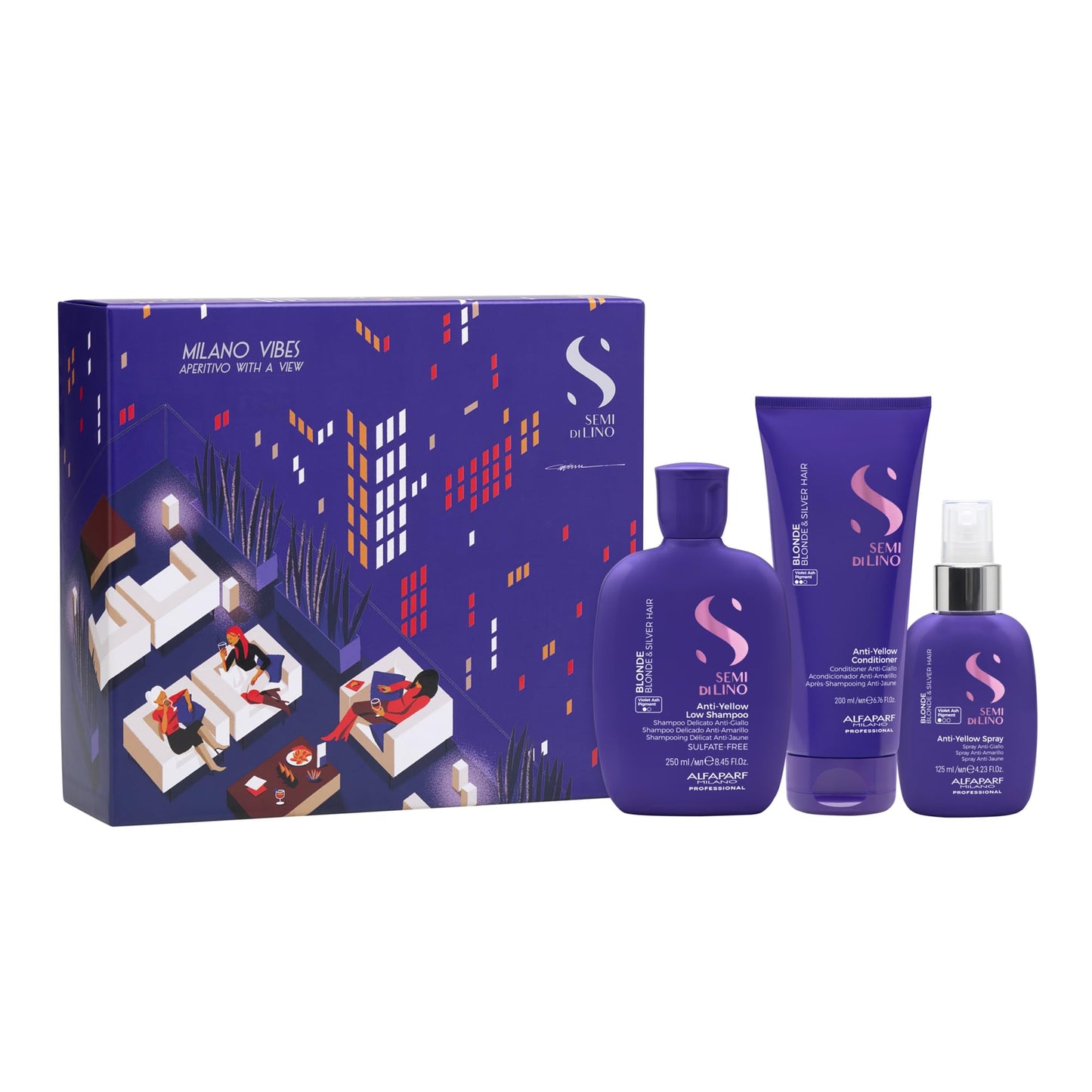 Alfaparf Milano Semi di Lino Gift Set for Blonde and Silver Hair - Anti-Yellow Sulfate Free Shampoo, Conditioner and Leave-In Spray Toner - Neutralizes Unwanted Yellow Tones