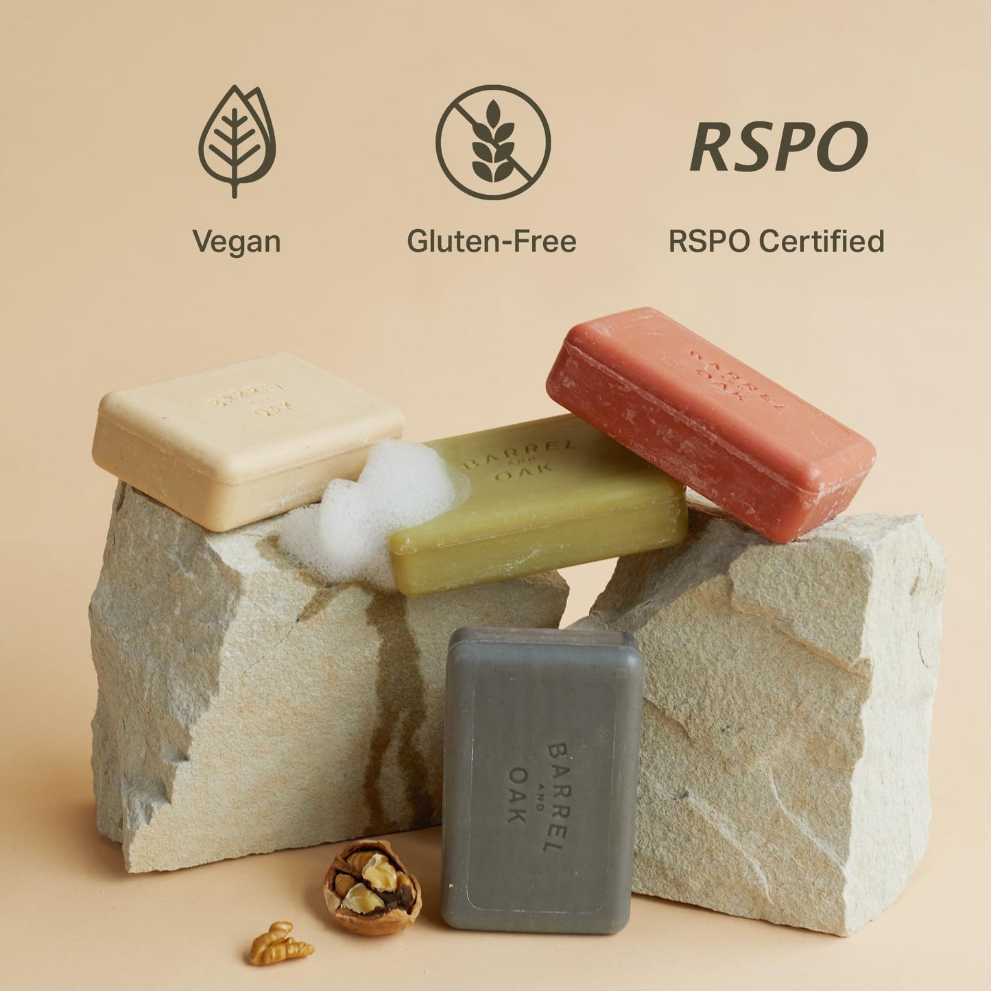 Barrel & Oak Exfoliating Bar Soap for Men, Kaolin Clay with Charcoal, Walnut Shell Powder, Olive Stone, and Essential Oils, Long-Lasting Bar Soap, Vegan, SLS-Free, Black Oak, 3-Pack
