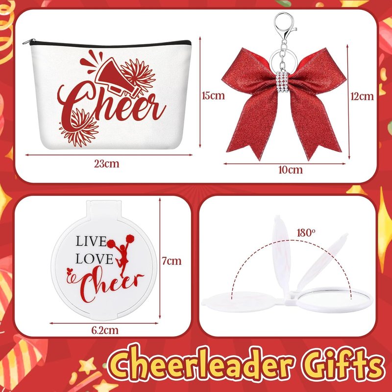 Cheerleader Gifts Set - 48 Pcs Bulk Cheer Gifts with Makeup Bags, Bracelets & Mirrors | Red Party Favors