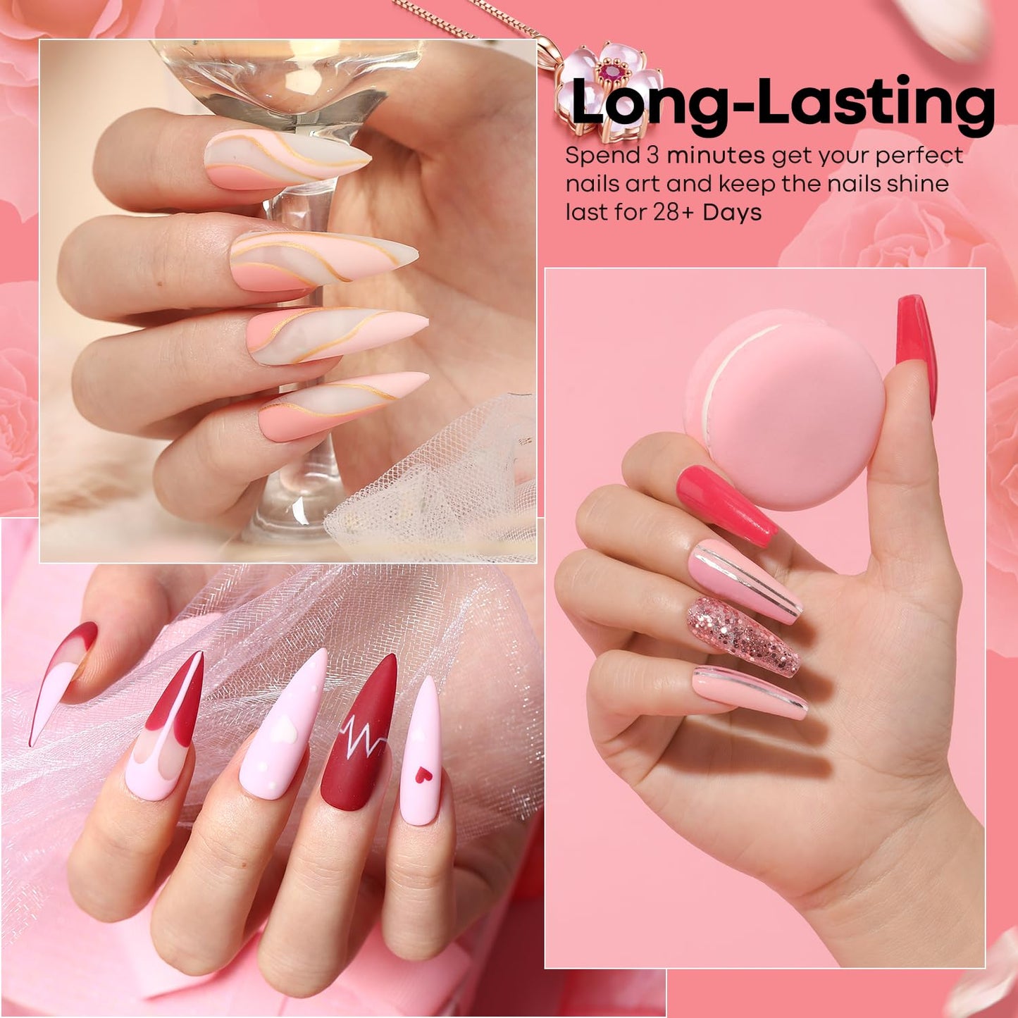Modelones Gel Nail Polish Kit - 24 Pcs Hot Pink & Red Glitter | Soak Off Gel, Glossy & Matte Top Coat, Nail Art Gifts