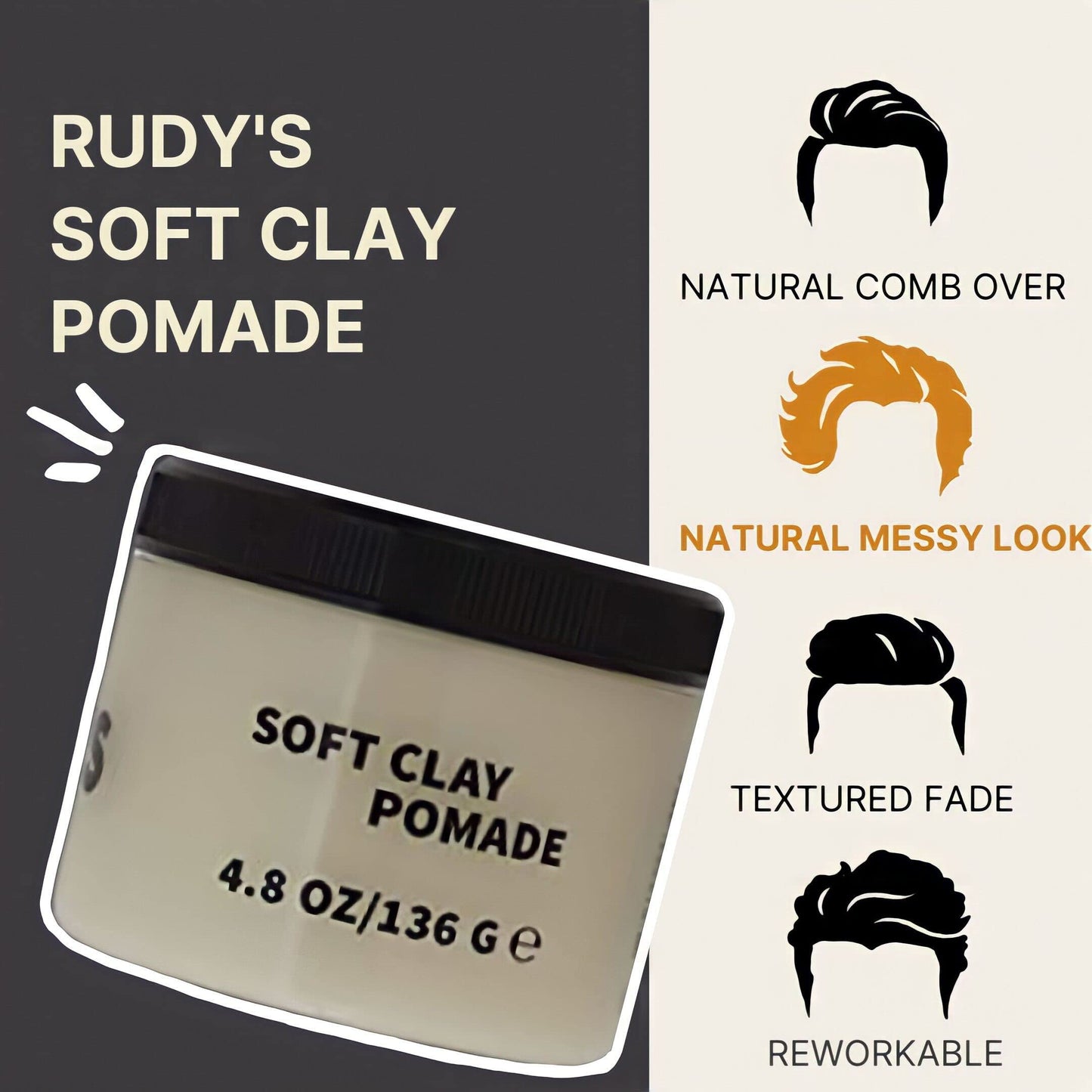 RUDY's Soft Clay Pomade - Lightweight and Pliable All Day Hold - Paraben Free - for Waves and Texture (4.8 oz)