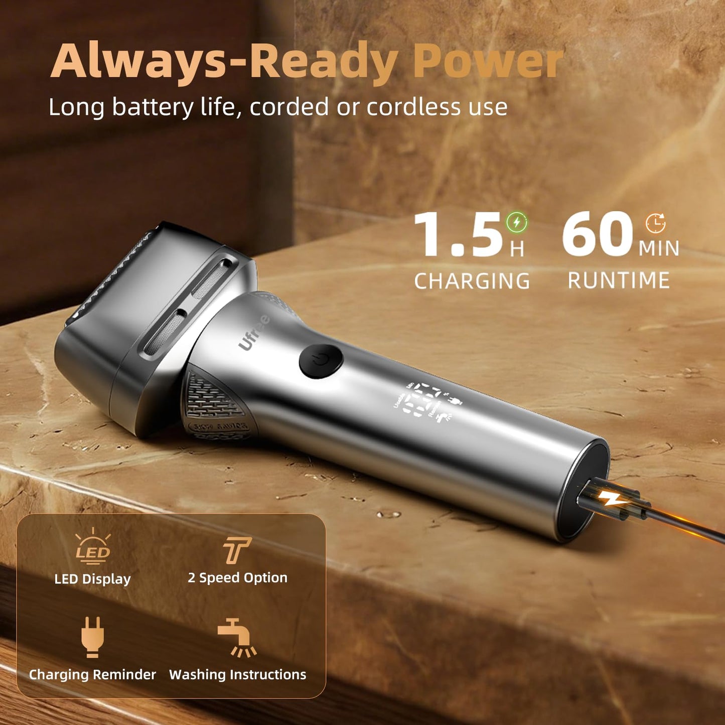 Ufree Electric Razor for Men, Foil Shaver with 2 Foil Heads, IPX7 Waterproof Electric Shaver, Wet Dry Cordless Razor, Chargeable&Portable Shavers for Men, Silver