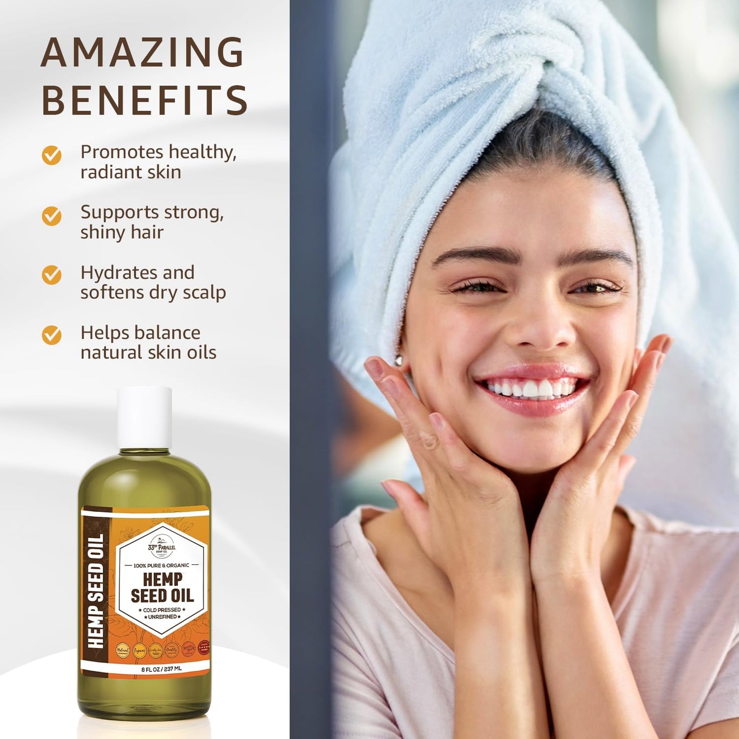 Organic Hemp Seed Oil (32 oz) Premium Cold Pressed Unrefined | 100% Pure Hemp Seed Oil for Skin, Face, Hair, Soap Making, Massage | Carrier for Essential Oils | Available in Bulk | 32 FL OZ