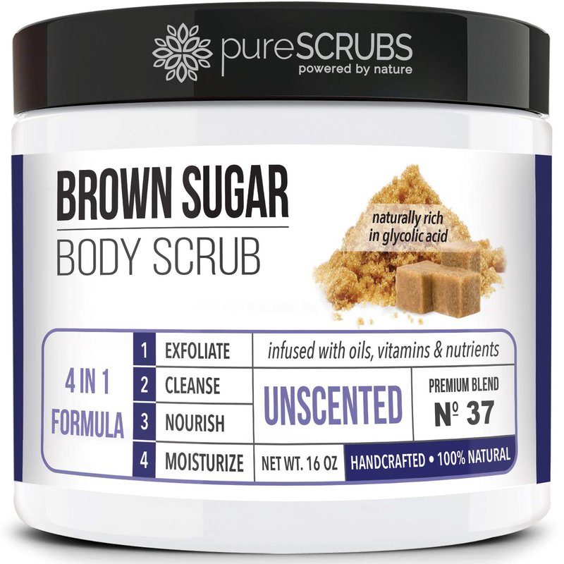 Premium Unscented Brown Sugar Body Scrub - 16oz Jar | Exfoliating Face, Feet & Full Body Care with Spoon & Loofah