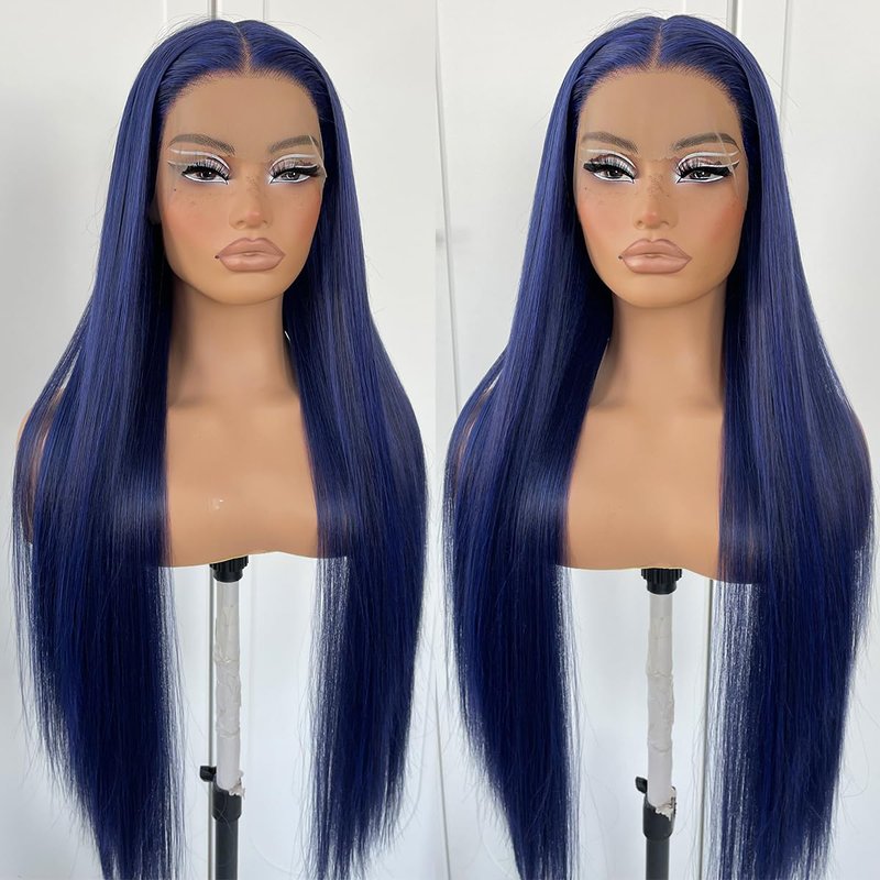Blue Straight HD Lace Front Wig - Pre-Plucked Glueless Synthetic Hair for Women | Perfect for Cosplay & Fashion