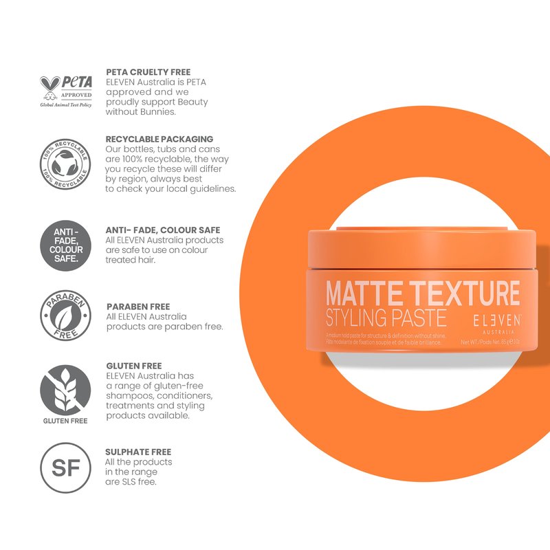 ELEVEN AUSTRALIA Matte Texture Styling Paste - Hair Clay for Men and Women, Lanolin Wax, Beeswax, & Argan Oil Blend, Natural Molding with a Texturizing Finish, Ideal for Short Hair - 3 oz