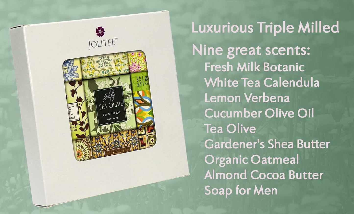 Jolitee French Milled Botanical Soap Sampler Set of 9 - Individually Wrapped Vegetable-Based Mini Soaps with Essential Oils, Shea Butter, and Natural Extracts (Pure and Simple)