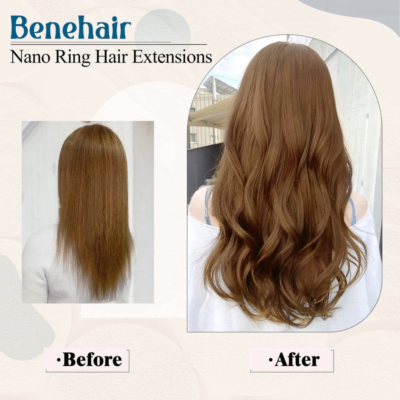 16inch Nano Beads Ring Hair Extensions Human Hair Light Auburn Pre Bonded I Tip Keratin Cold Fusion Stick Tipped Hairpiece Iron Loop Link Straight Micro Bead Remy Hair for Women #30 50g 50strands
