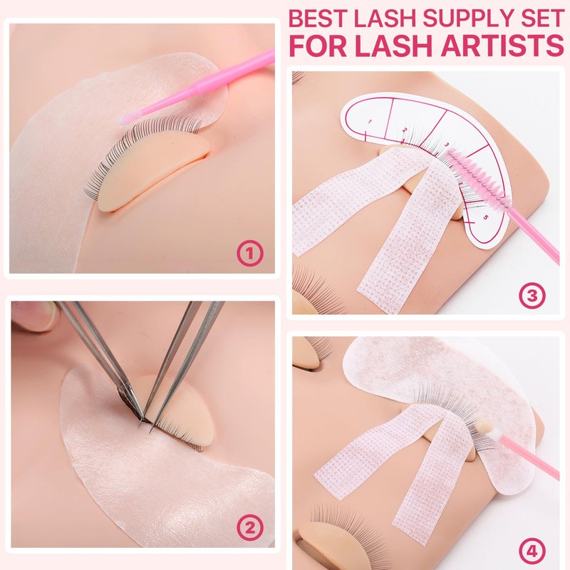 Pretty memory 225 PCS Eyelash Extension Kit with Mannequin Head, Mini Fan, Eyelash Glue and Remover Cream, Tweezers, Lash Extension Supplies for Practice and Training